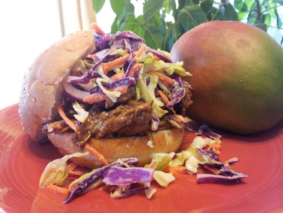 No Smoke Pulled Pork in Mango BBQ Sauce With Orange Flavored Cole Slaw